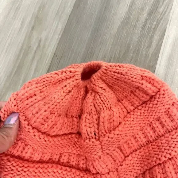 C.C Peachy Orange-Pink Ponytail Cable Knit Winter Beanie Hat - Picture 5 of 5